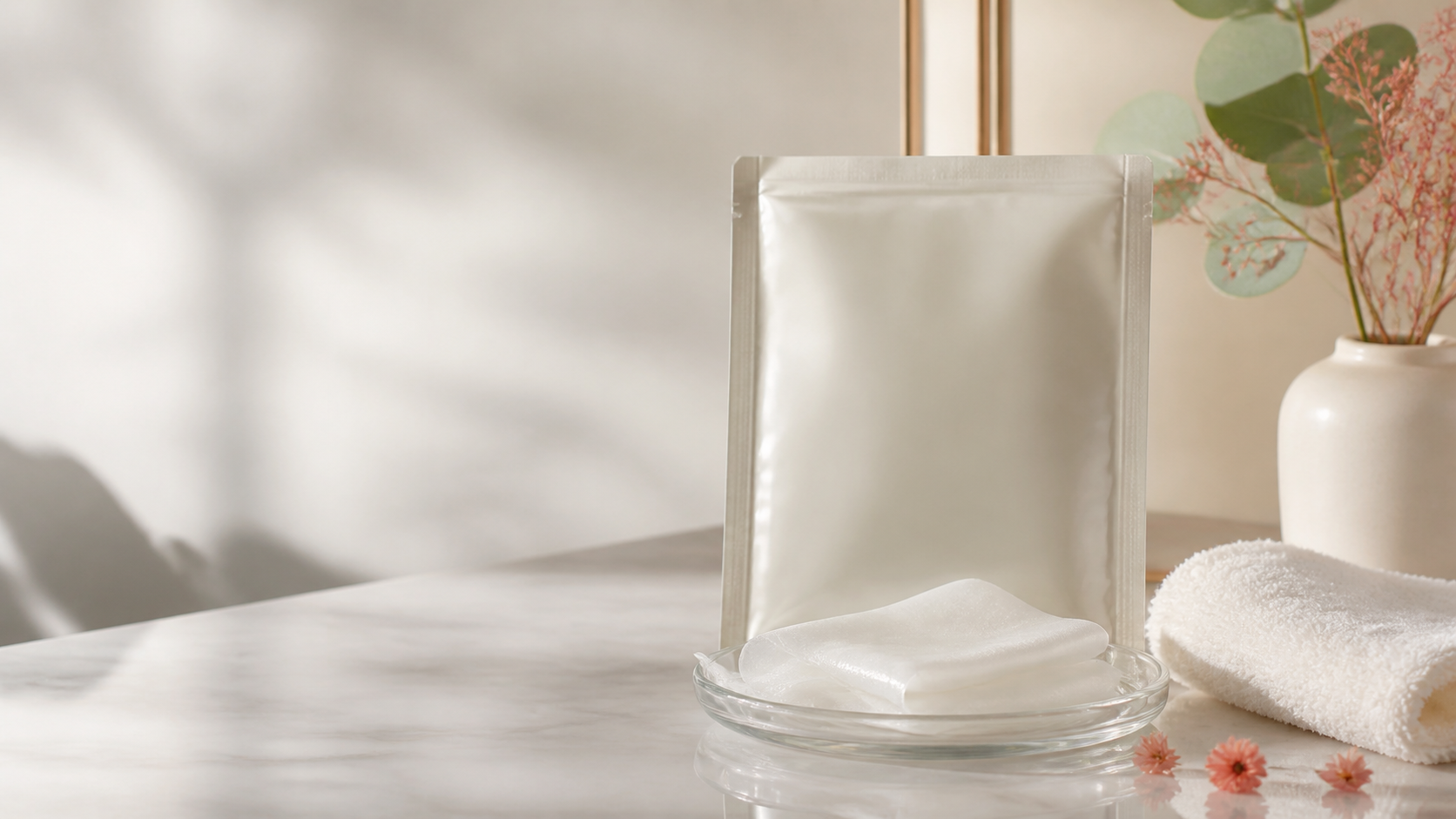 Hydrating sheet mask and unbranded pouch on a vanity