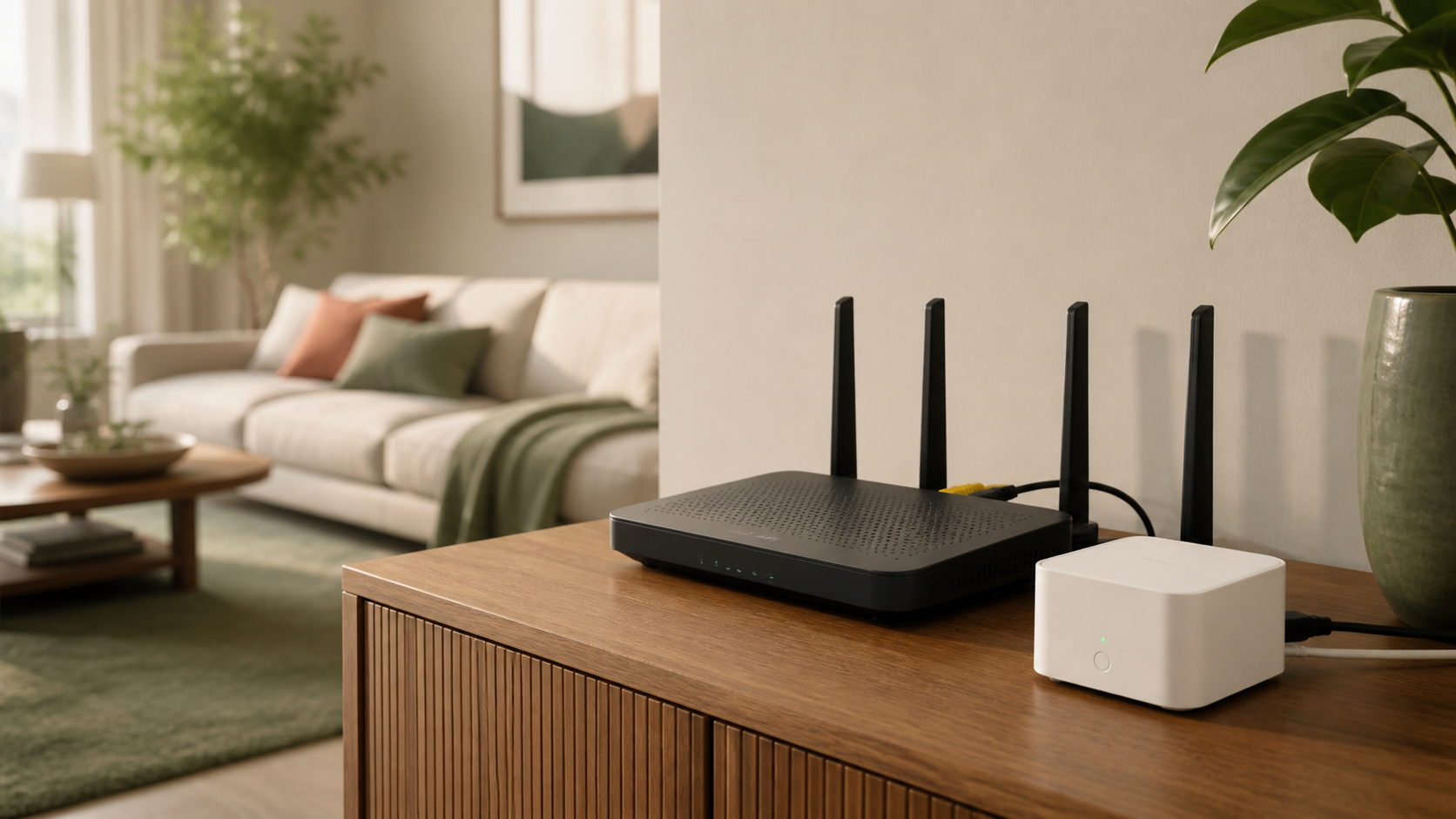 Modern router and automatic power-control device in a warm living room