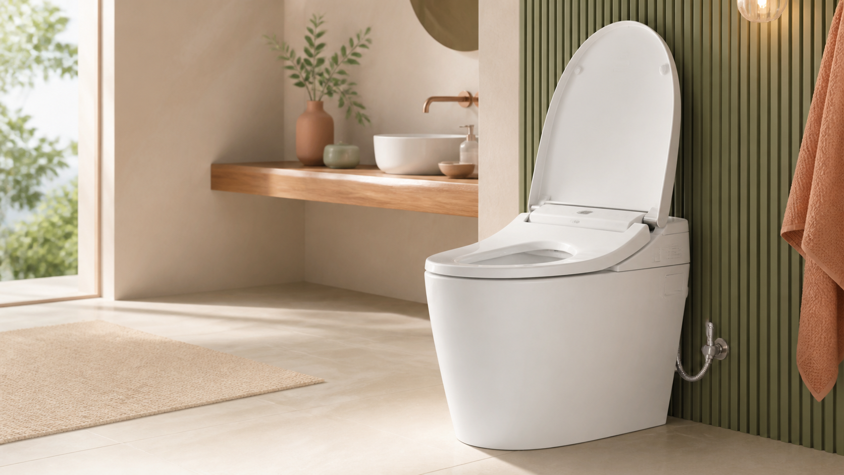 Modern smart bidet toilet in a warm bathroom