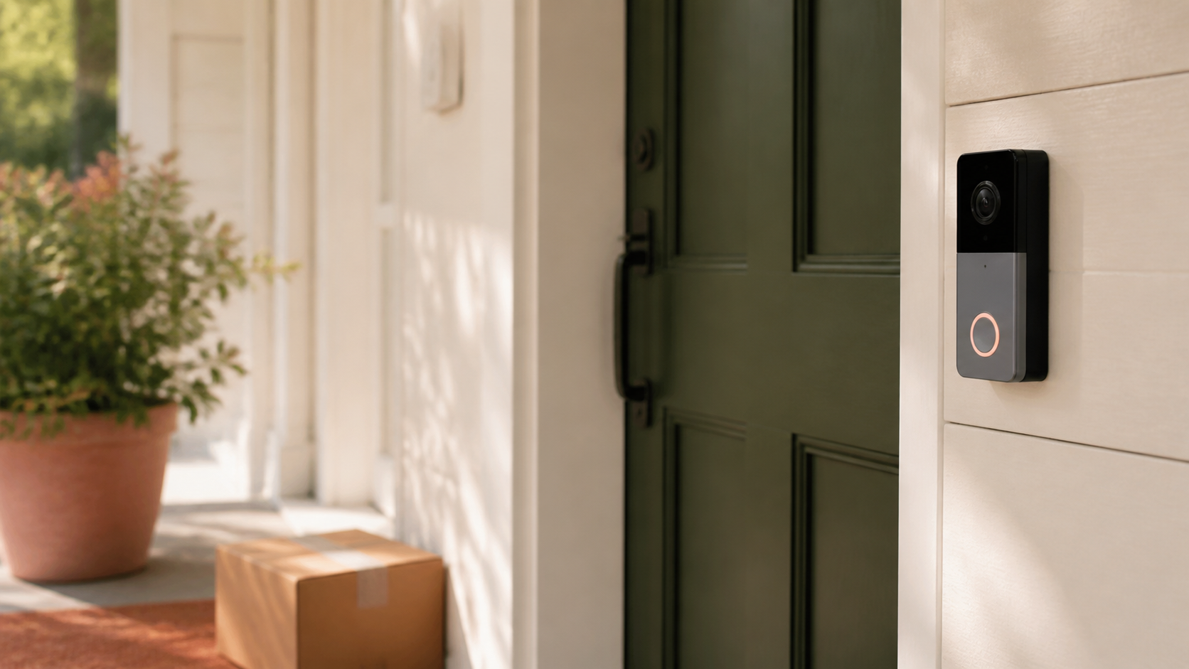 Video doorbell installed beside a green front door